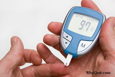 Hands holding a blood sugar meter showing a reading of 91.