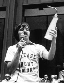 A young Joel Spitzer presenting his Palmolive bottle smoking demonstration during a seminar for the American Cancer Society